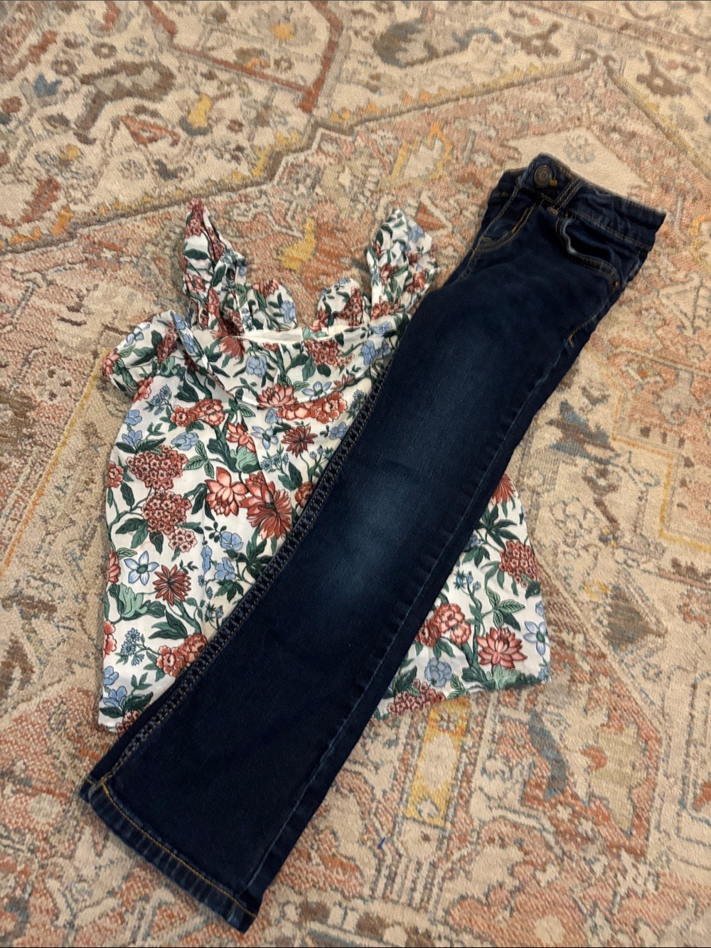 Janie and Jack Floral Top with Dark Blue Skinny Jeans - Multi